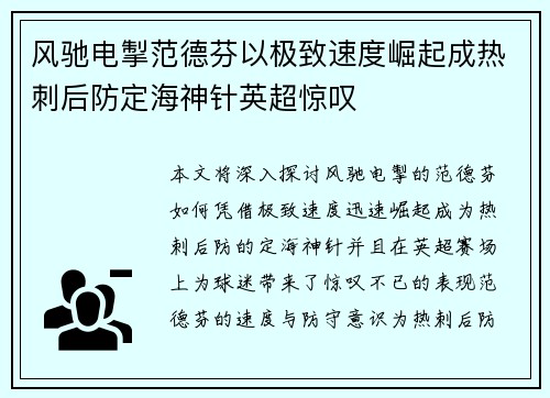 风驰电掣范德芬以极致速度崛起成热刺后防定海神针英超惊叹 风驰电掣范德芬以极致速度崛起成热刺后防定海神针英超惊叹